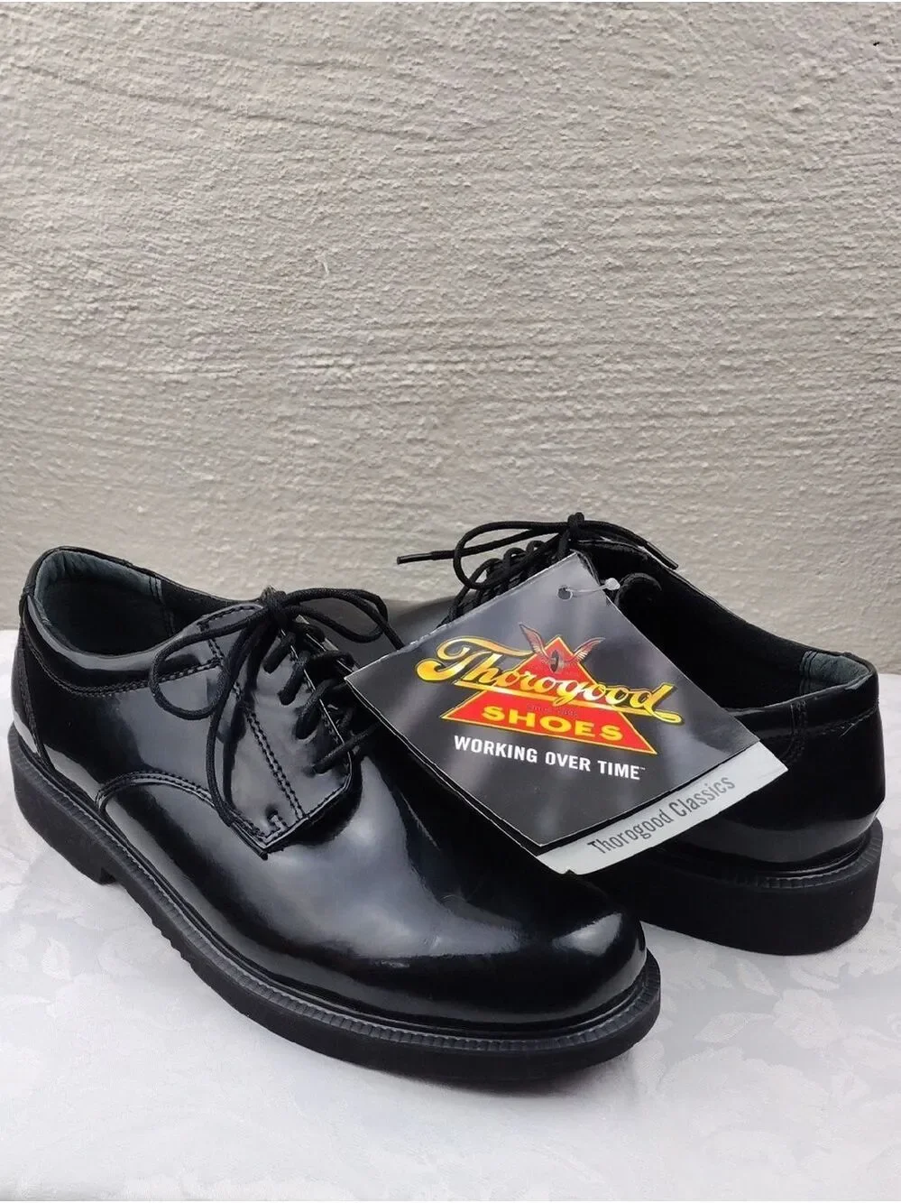 Thorogood Poromeric Black Patent Leather Almond Toe Lace Up Academy Oxford Shoe